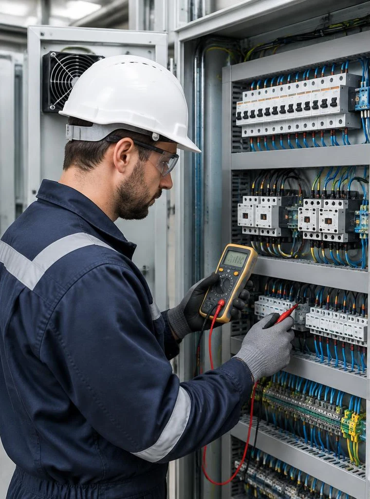 Electrical technician inspecting a control cabinet with a handheld multimeter
