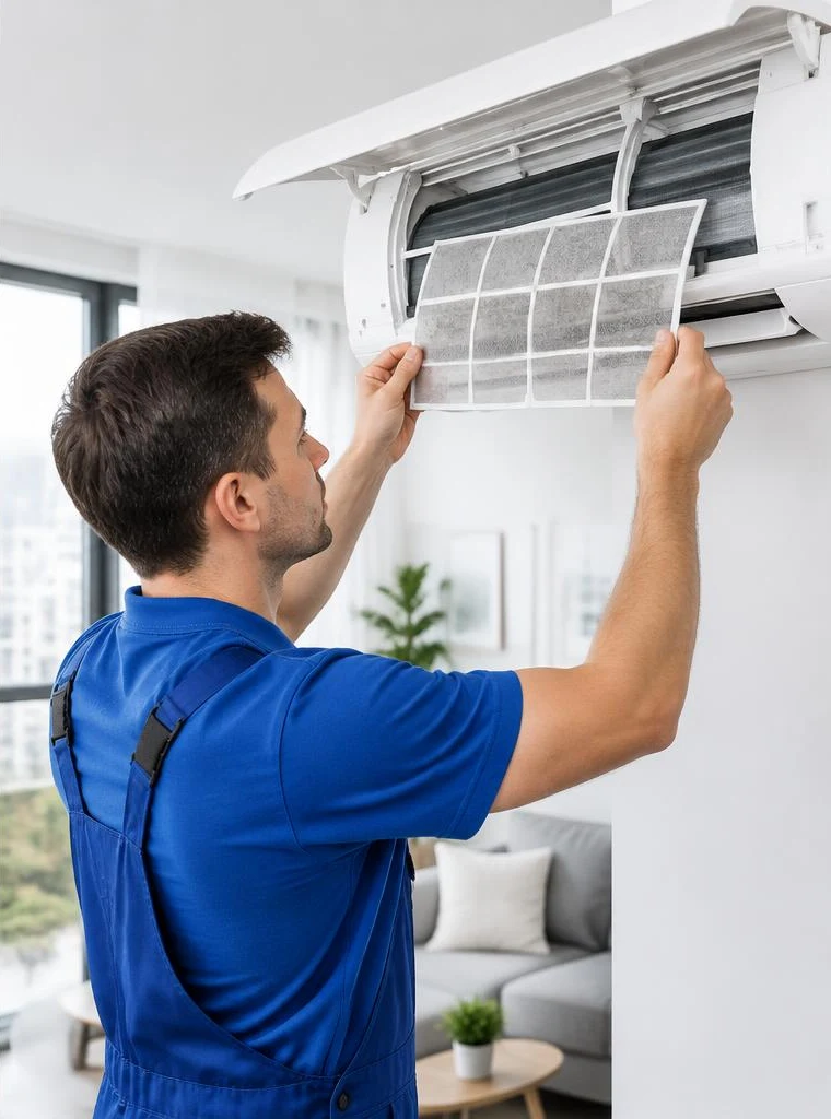 AC technician removing a filter from an open wall-mounted air conditioner